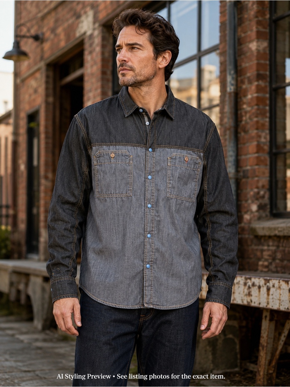 Jack South London Men’s XXL Two-Tone Denim Snap Front Western Shirt
